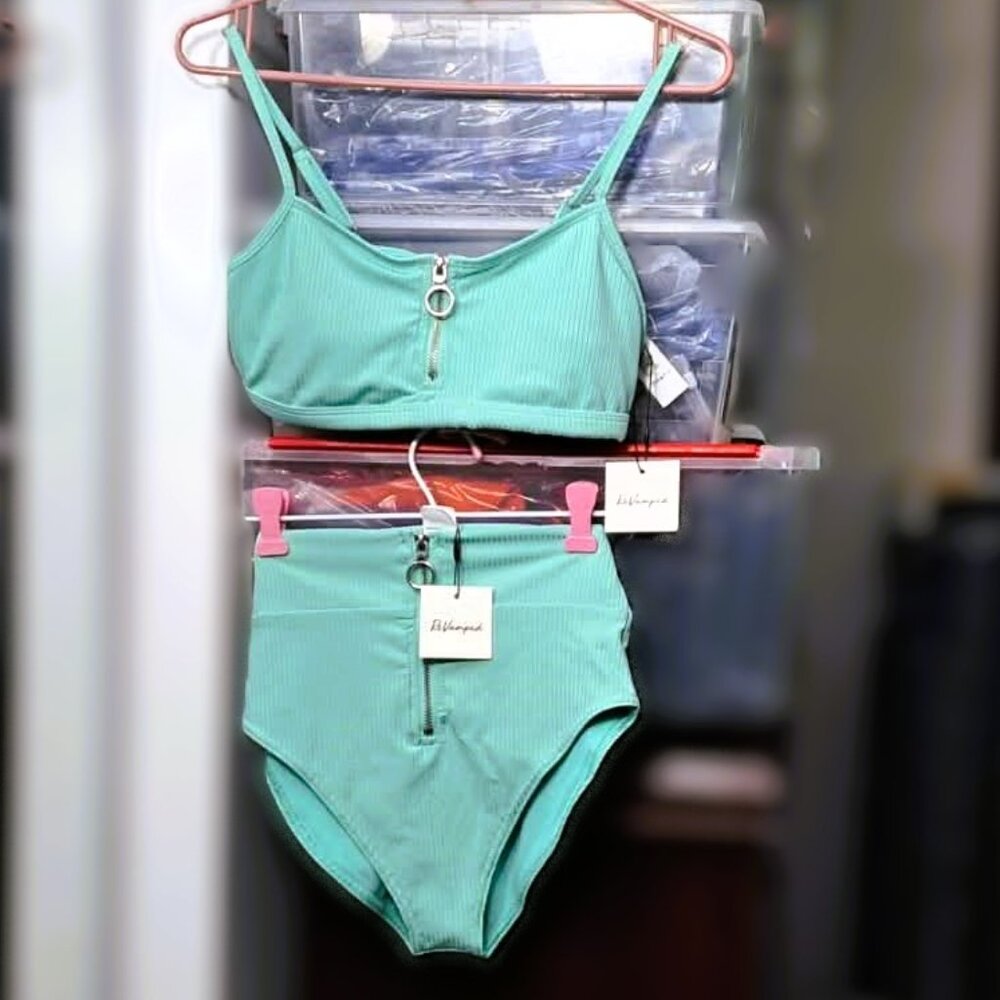Brand New ReVamped Mint Ribbed Zipper Mint Green Bikini Set